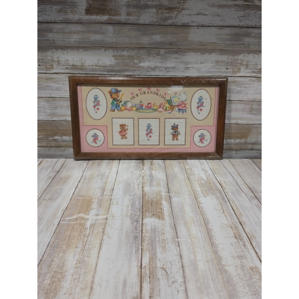Vintage Our Grandkids Teddy Bear Multi Photo Frame 8x16 Wood Wall Decor